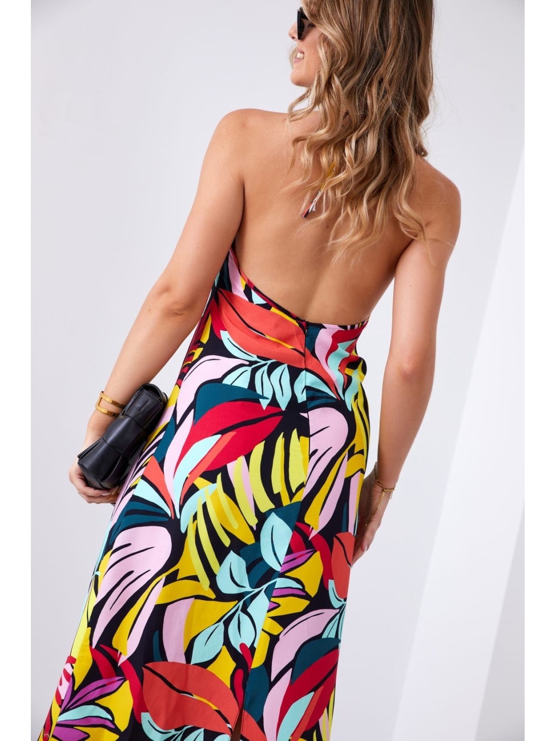 Patterned maxi dress tied around the neck, black 110595 - Online store - Boutique